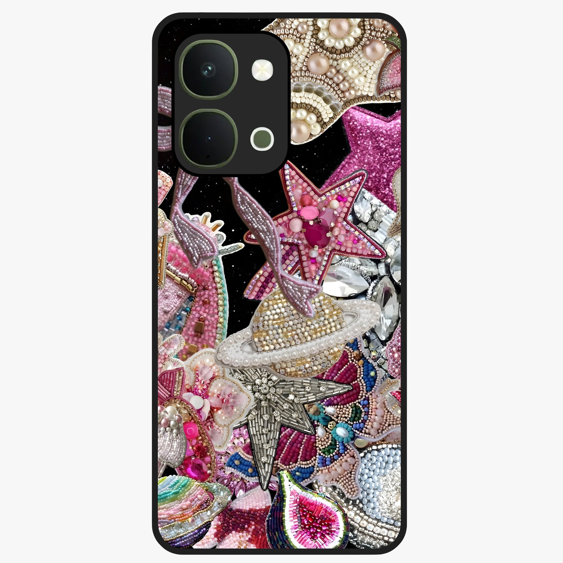 Starlit Jewel Dream Glass Case showing flat back view with sparkling jewel and star themed artwork and glossy glass finish.