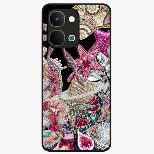 Starlit Jewel Dream Glass Case showing flat back view with sparkling jewel and star themed artwork and glossy glass finish.