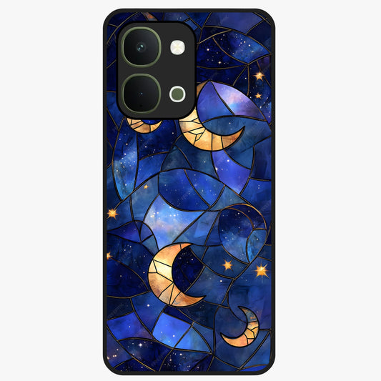 Starlit Sky Tapestry Glass Case showing flat back view with decorative starry sky tapestry artwork and glossy glass finish.