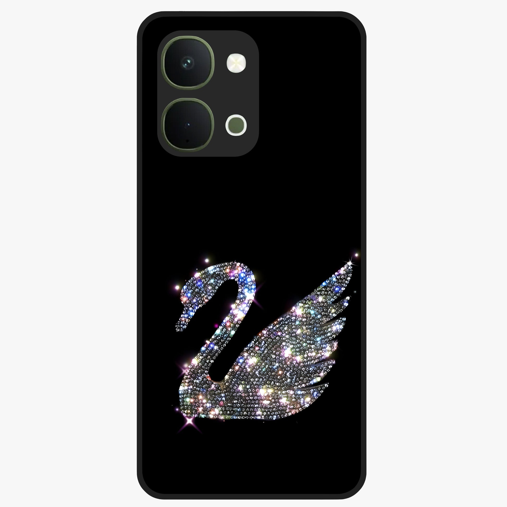 Starlit Swan Grace Glass Case showing flat back view with graceful swan artwork under starry sky and glossy glass finish.