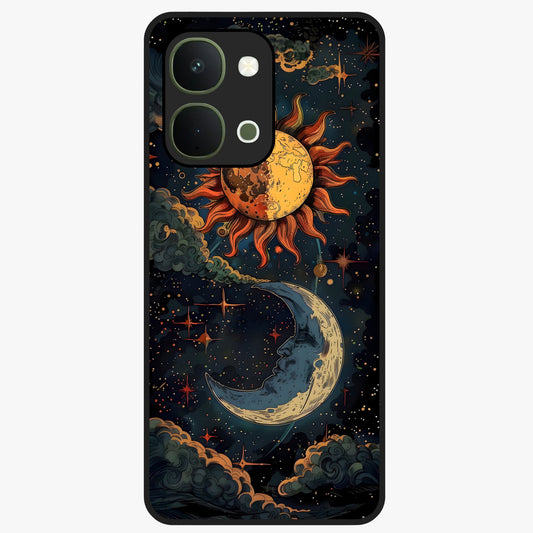 Sun And Moon Magic Design Glass Case showing flat back view with mystical sun and moon artwork and glossy glass finish.