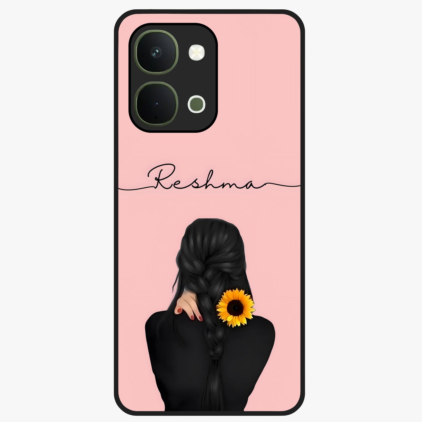 Sunflower Braid Beauty With Custom Name Glass Case showing flat back view with sunflower braid artwork and personalized name design.