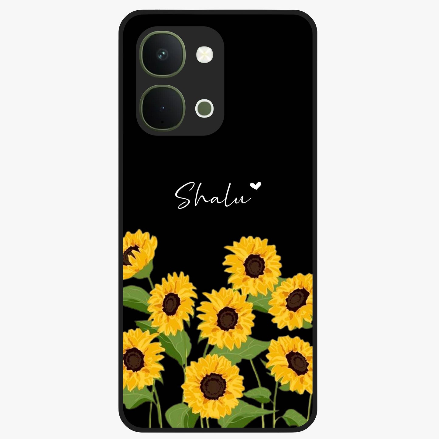 Sunflower Chic Mood Custom Name Glass Case showing flat back view with stylish sunflower artwork and personalized name design.