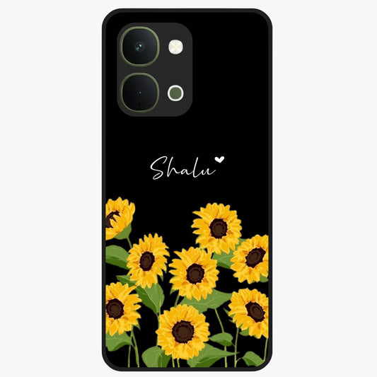 Sunflower Chic Mood Custom Name Glass Case showing flat back view with stylish sunflower artwork and personalized name design.