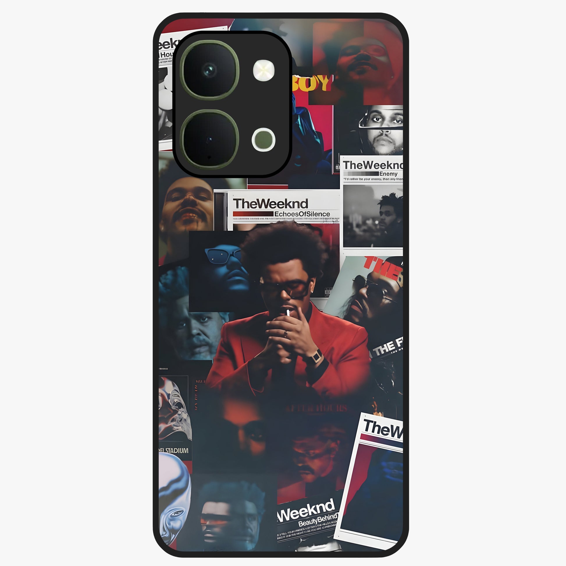 The Weeknd Glass Case showing flat back view with music inspired artistic portrait artwork and glossy glass finish.