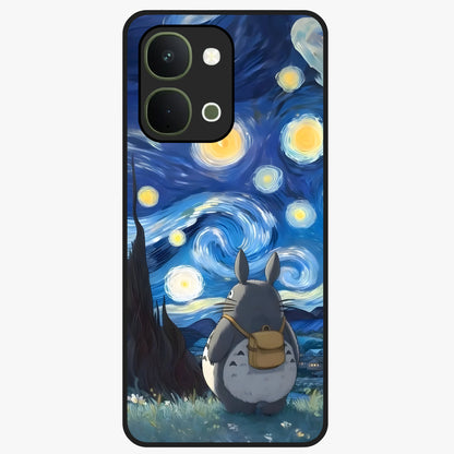 Totoro In Van Gogh Art Glass Case showing flat back view with whimsical character artwork inspired by Van Gogh style and glossy glass finish.