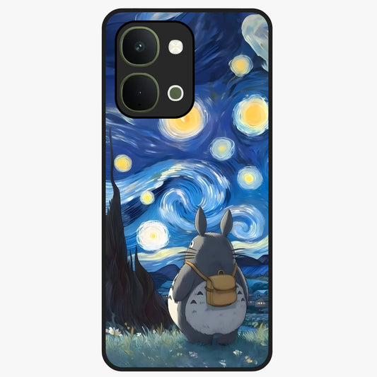 Totoro In Van Gogh Art Glass Case showing flat back view with whimsical character artwork inspired by Van Gogh style and glossy glass finish.