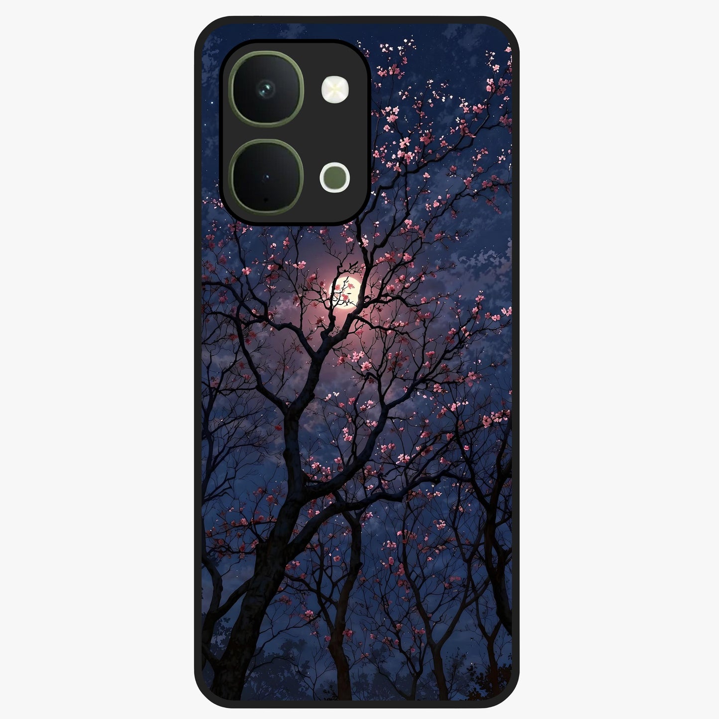 Twilight Sakura Serenade Glass Case showing flat back view with cherry blossom artwork at twilight and glossy glass finish.