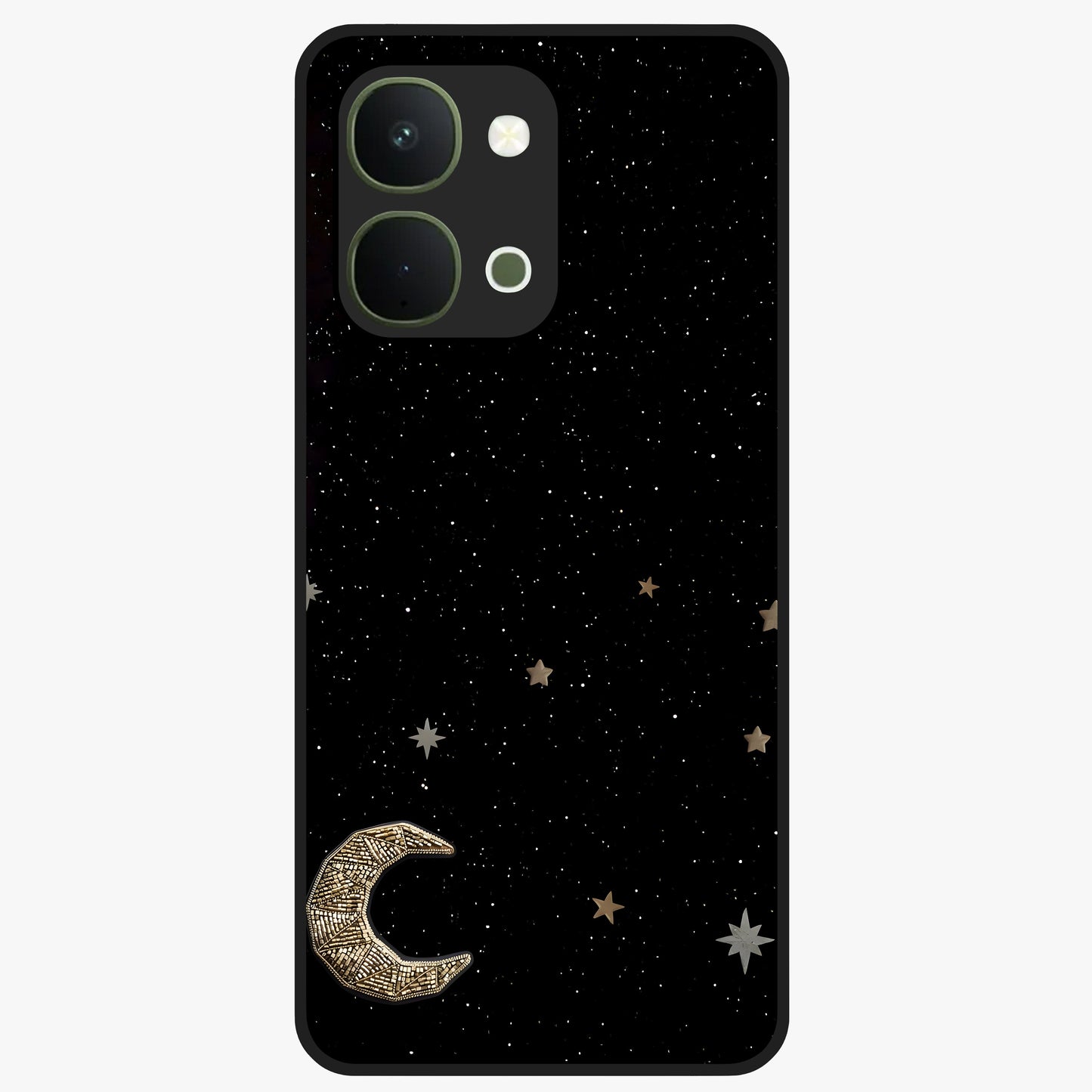 Twinkle Star With Half Moon Glass Case showing flat back view with star and half moon artwork and glossy glass finish.