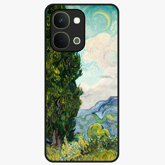 Van Gogh Vintage Art Glass Case showing flat back view with vintage painterly artwork inspired by Van Gogh style and glossy glass finish.