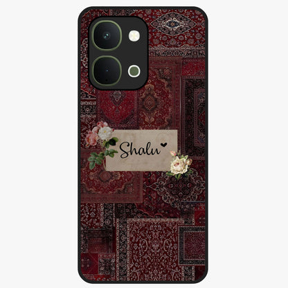 Velvet Wine Pattern Custom Name Glass Case showing flat back view with elegant wine colored pattern artwork and personalized name design.