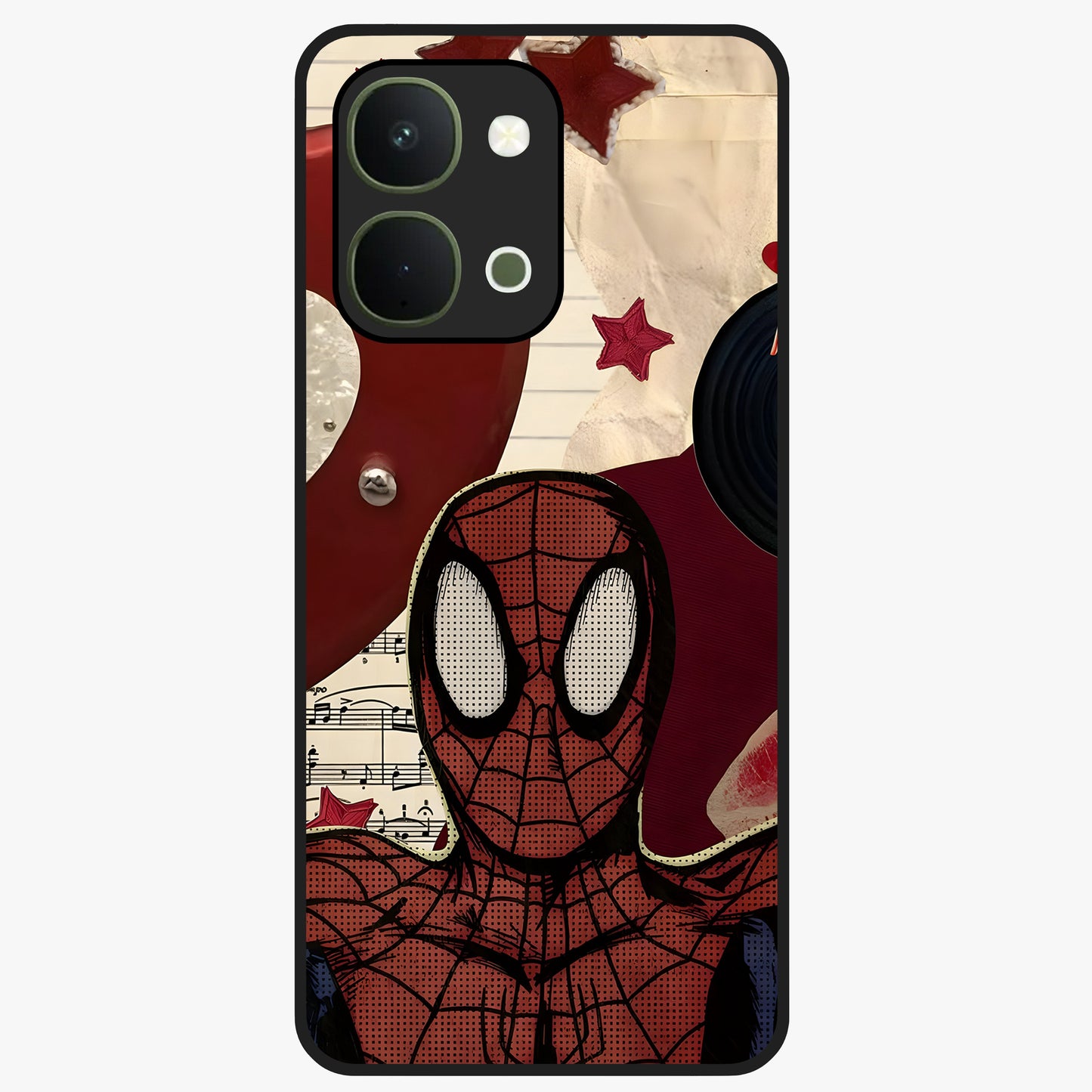 Web Warrior Vibes Glass Case showing flat back view with superhero inspired web themed artwork and glossy glass finish.