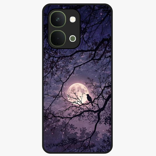 Whispering Moon Silence Glass Case showing flat back view with serene moon themed artwork and glossy glass finish.