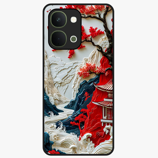 Whispers Of Sakura Waves Glass Case showing flat back view with cherry blossom wave artwork and glossy glass finish.