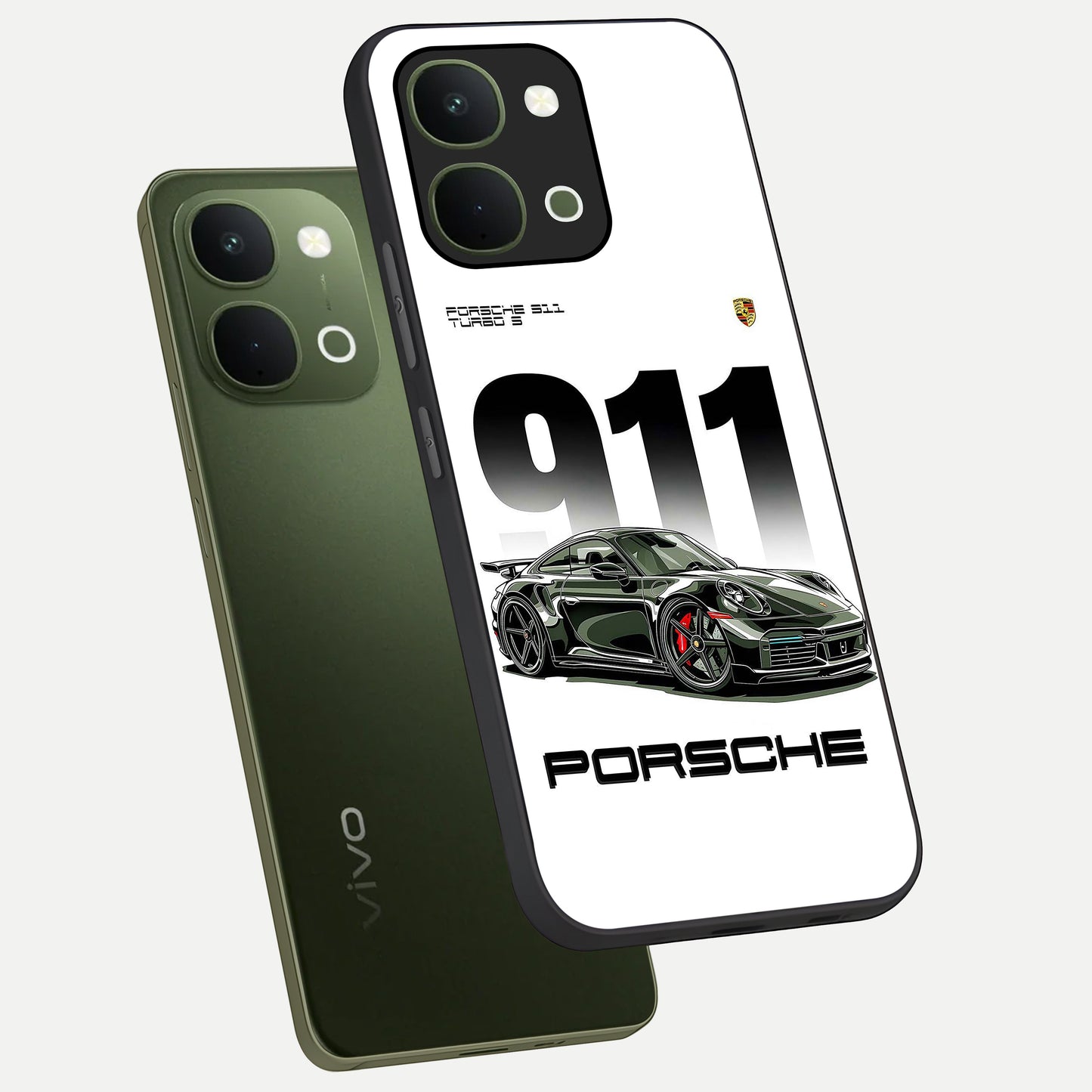 911 Turbo Dominance Glass Case displayed in premium angled mockup highlighting sporty car illustration and sleek glass surface.