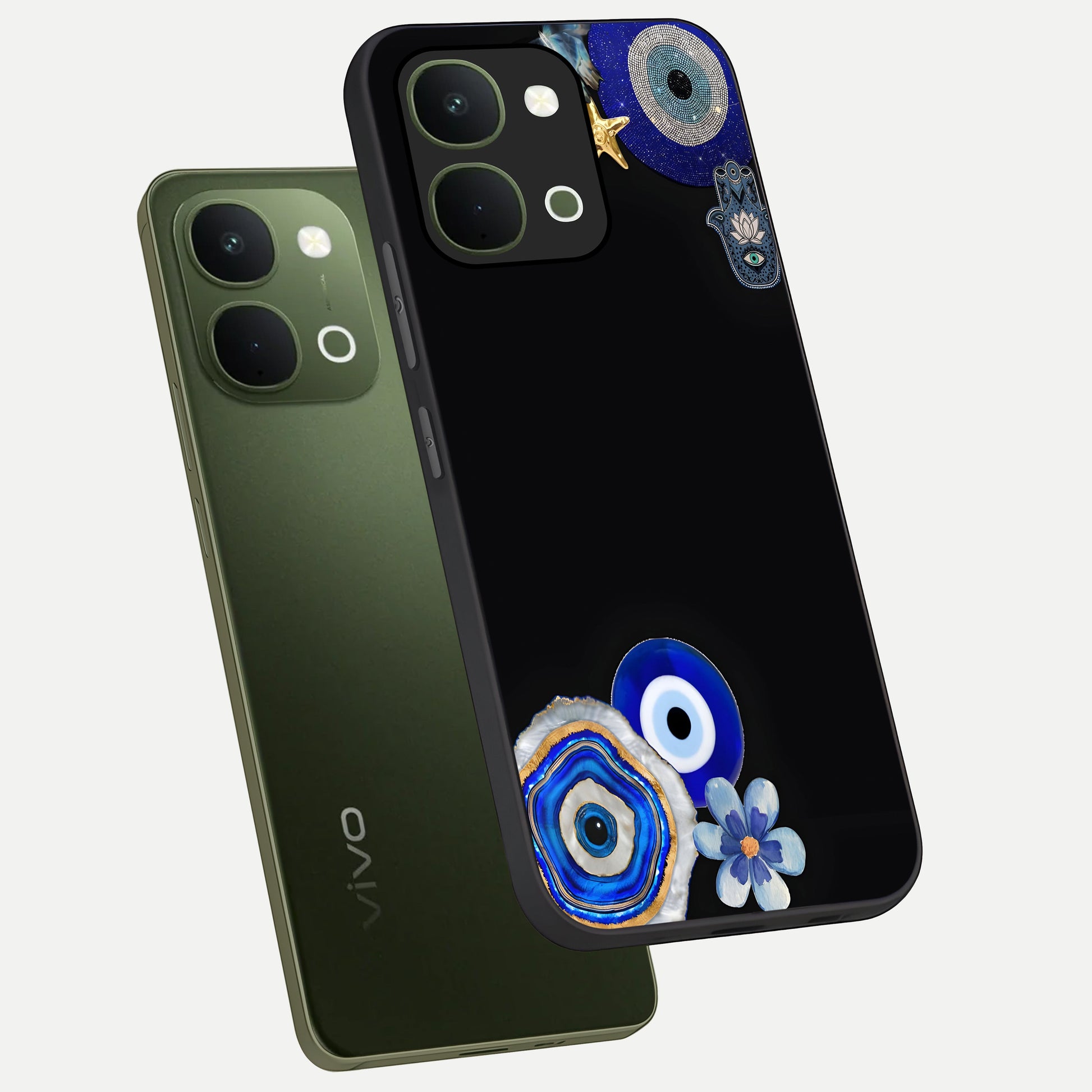 Aesthetic Blue Evil Eye Glass Case displayed in angled mockup highlighting blue evil eye symbol and spiritual aesthetic design.