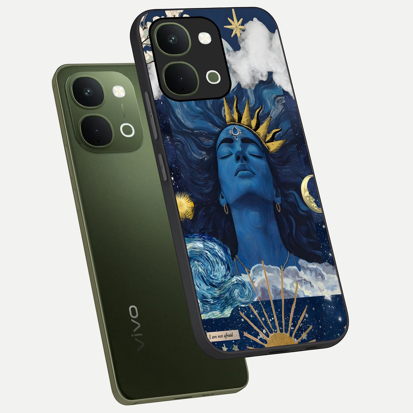Aesthetic Lord Shiva Glass Case displayed in angled mockup highlighting spiritual Shiva illustration and sacred aesthetic design.
