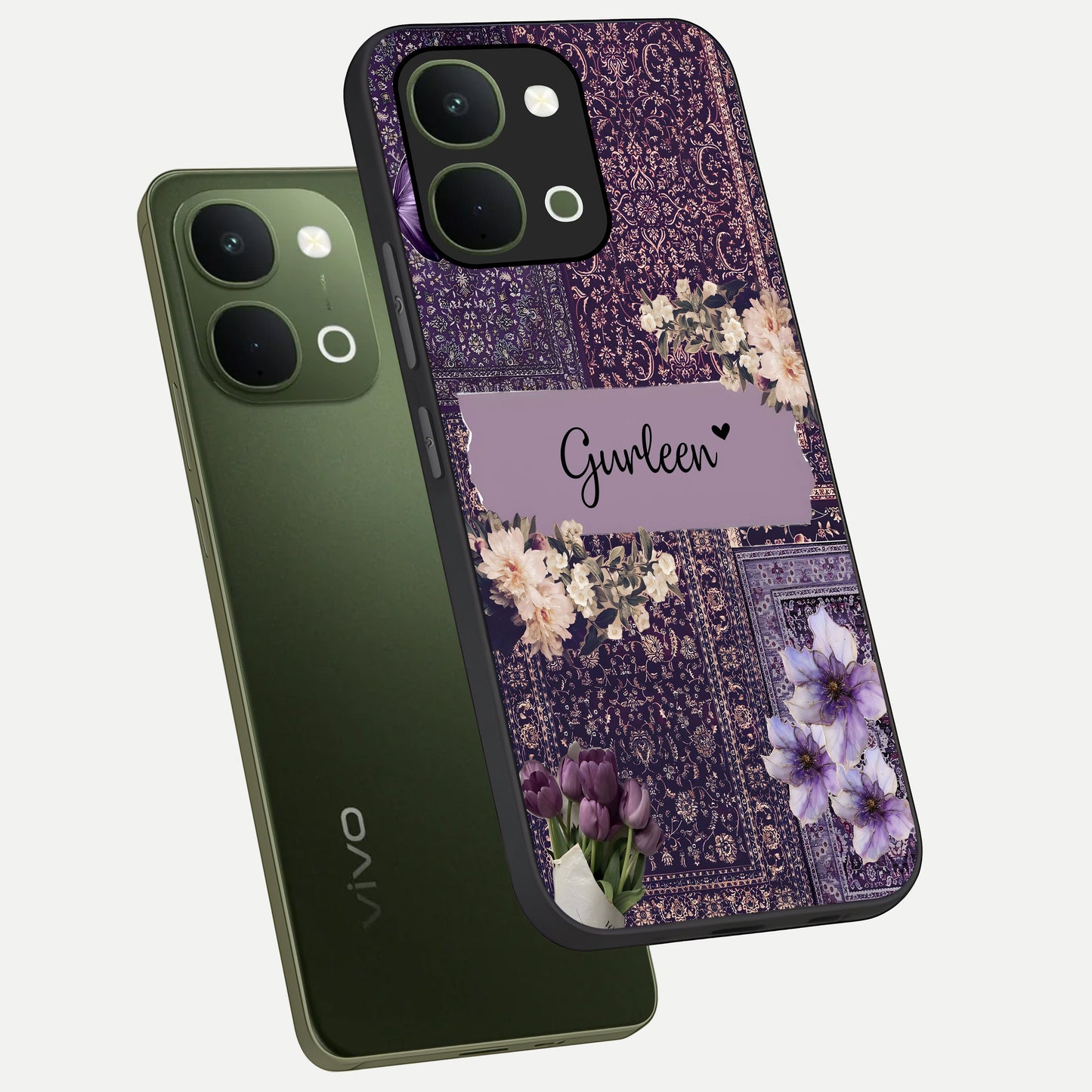 Antique Floral Whisper Custom Name Glass Case displayed in angled mockup highlighting elegant antique floral aesthetic.