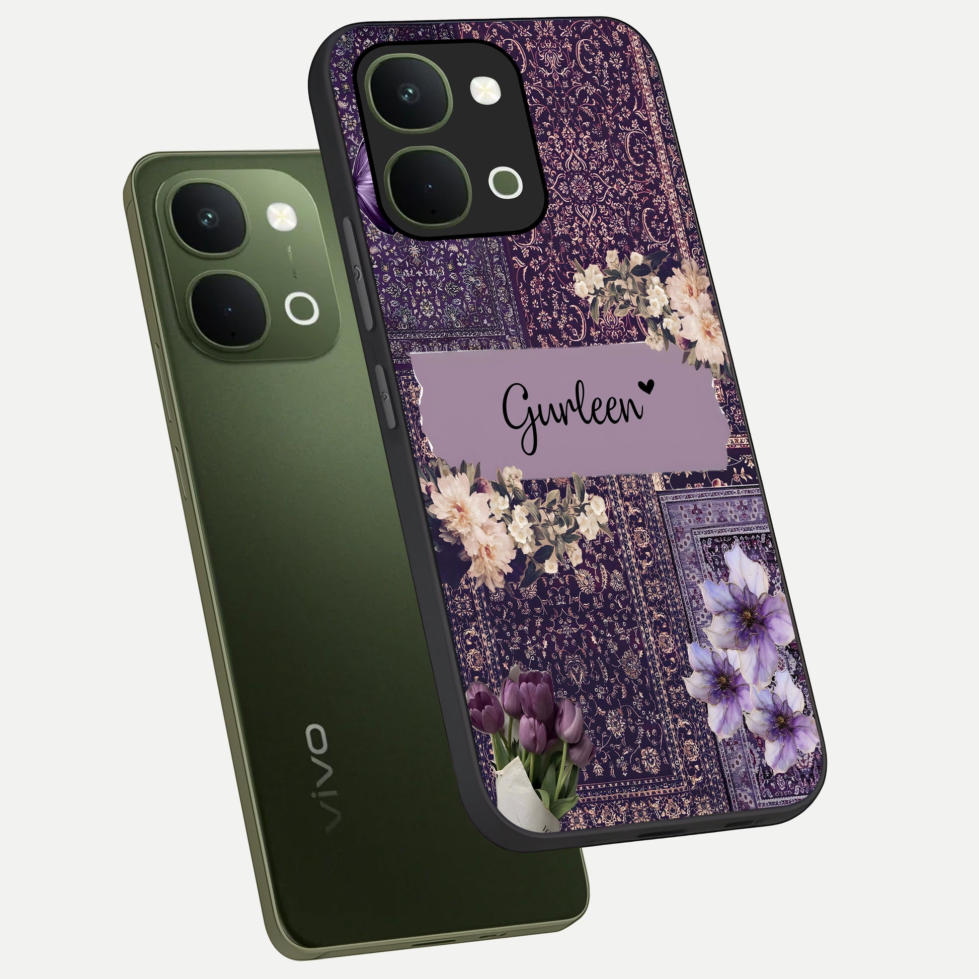 Antique Floral Whisper Custom Name Glass Case displayed in angled mockup highlighting elegant antique floral aesthetic.