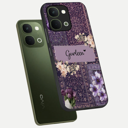 Antique Floral Whisper Custom Name Glass Case displayed in angled mockup highlighting elegant antique floral aesthetic.