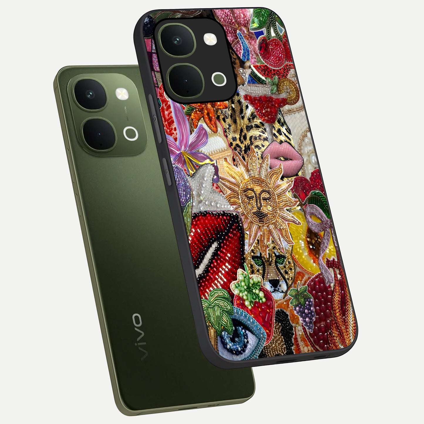 Beaded Fashion Jungle Glass Case displayed in angled mockup highlighting colorful fashion bead design and artistic pattern.