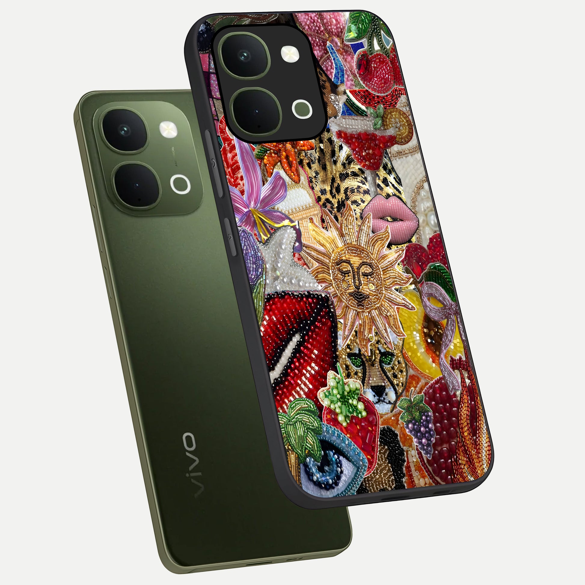 Beaded Fashion Jungle Glass Case displayed in angled mockup highlighting colorful fashion bead design and artistic pattern.