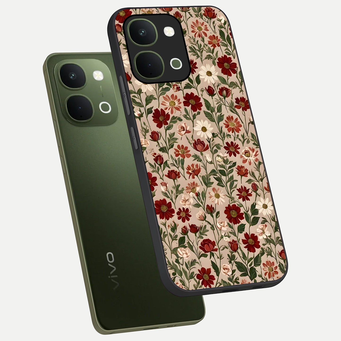 Biege Flower With Leaf Glass Case displayed in angled mockup highlighting minimal floral leaf design and elegant aesthetic.