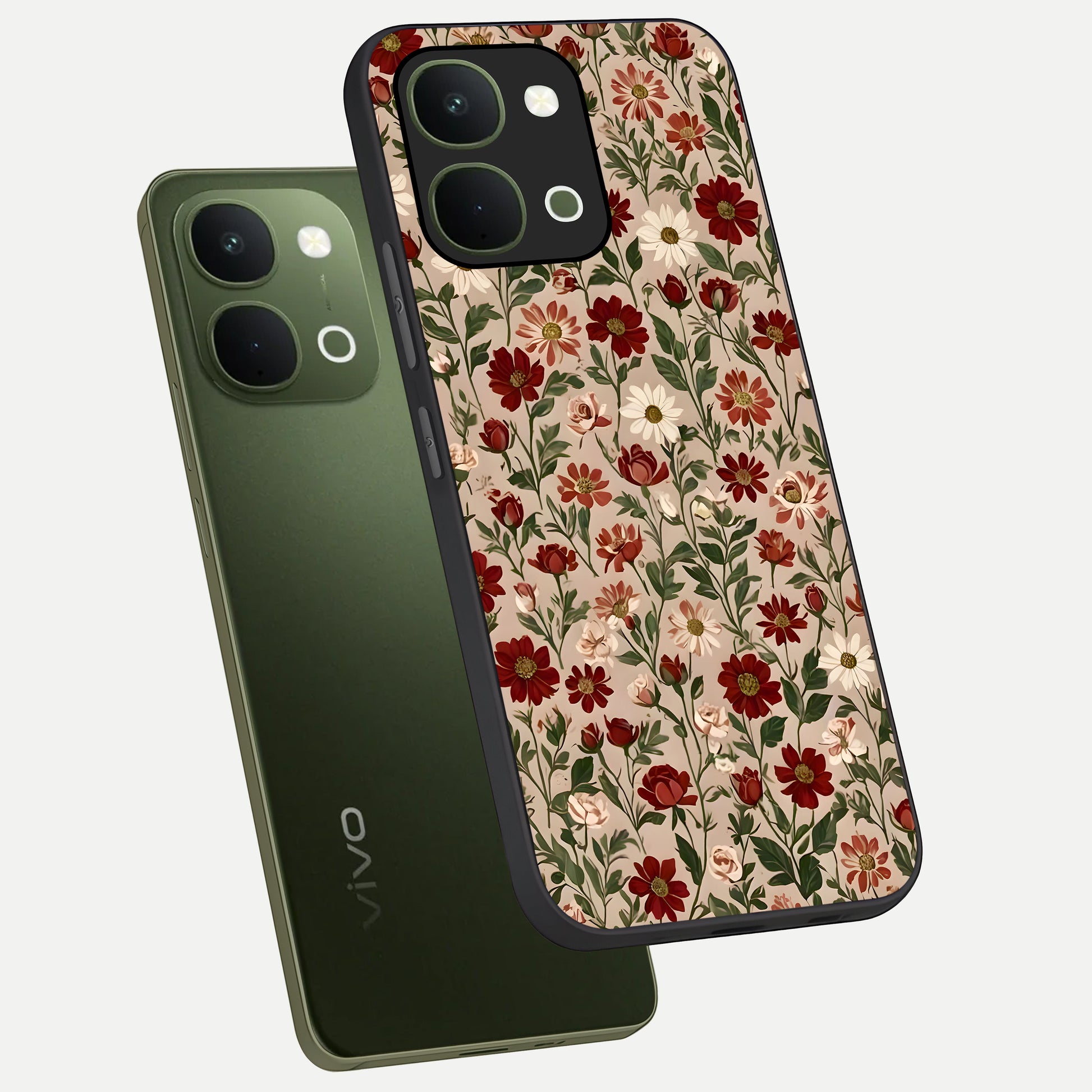 Biege Flower With Leaf Glass Case displayed in angled mockup highlighting minimal floral leaf design and elegant aesthetic.