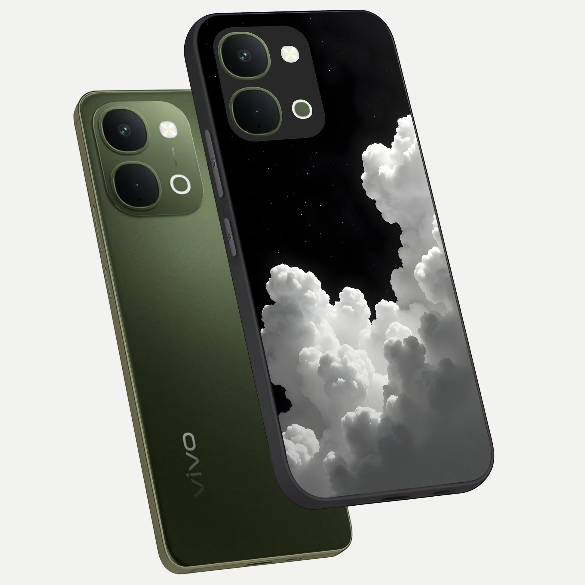 Black Background With White Cloud Glass Case displayed in angled mockup highlighting soft white cloud illustration and minimal design.