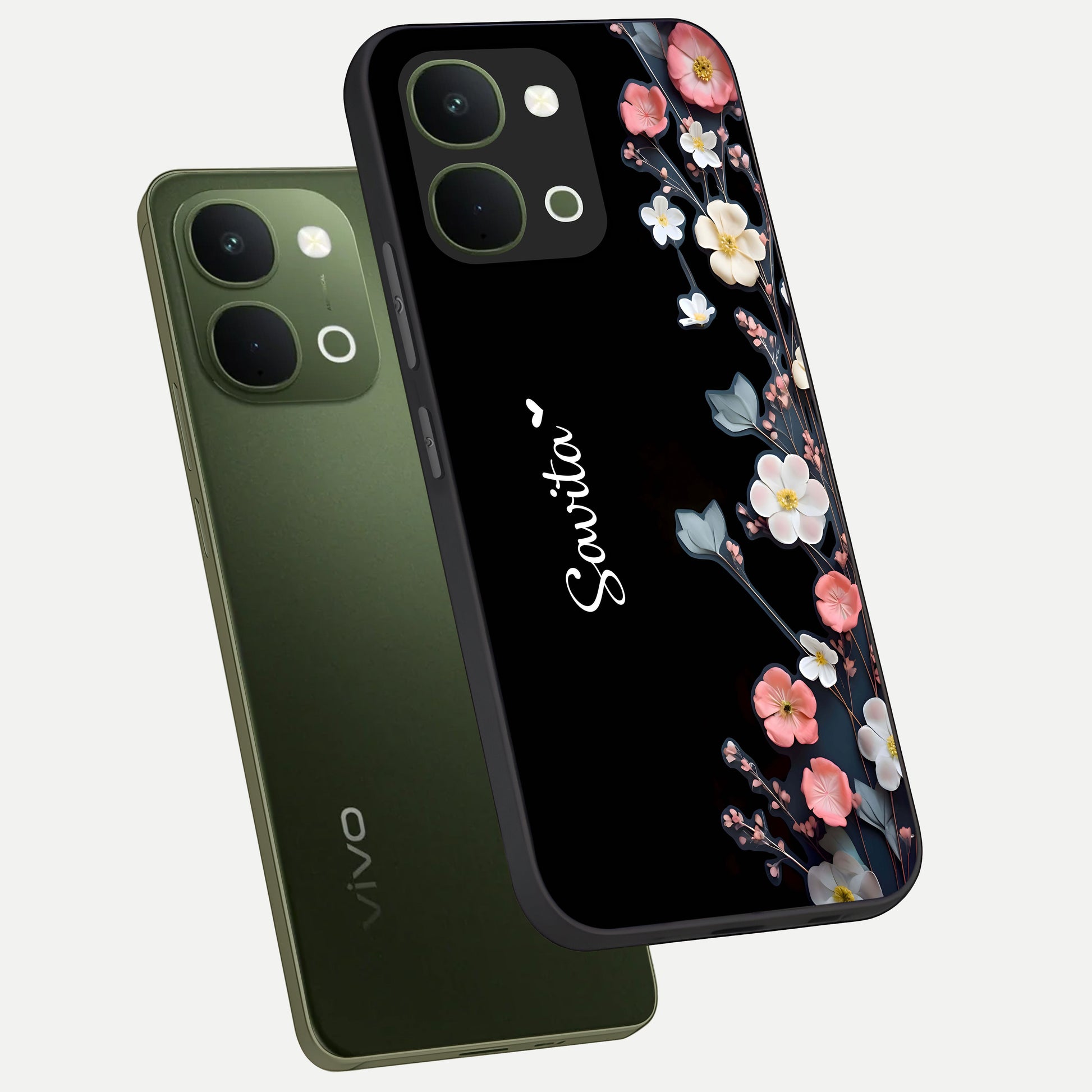 Black Elegance Floral Custom Name Glass Case displayed in angled mockup highlighting dark floral aesthetic and custom name feature.