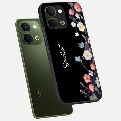 Black Elegance Floral Custom Name Glass Case displayed in angled mockup highlighting dark floral aesthetic and custom name feature.