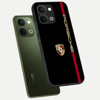 Black Minimal Porsche Glass Case displayed in angled mockup highlighting modern minimal car illustration and clean aesthetic design.