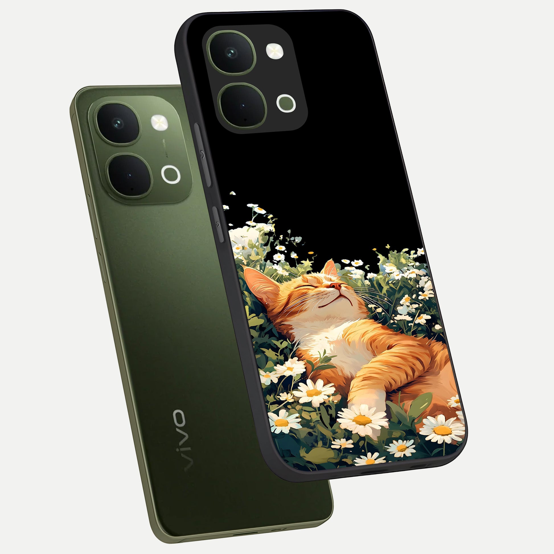 Blissful Bloom Cat Glass Case displayed in angled mockup highlighting playful feline illustration with soft floral aesthetic.