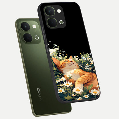 Blissful Bloom Cat Glass Case displayed in angled mockup highlighting playful feline illustration with soft floral aesthetic.