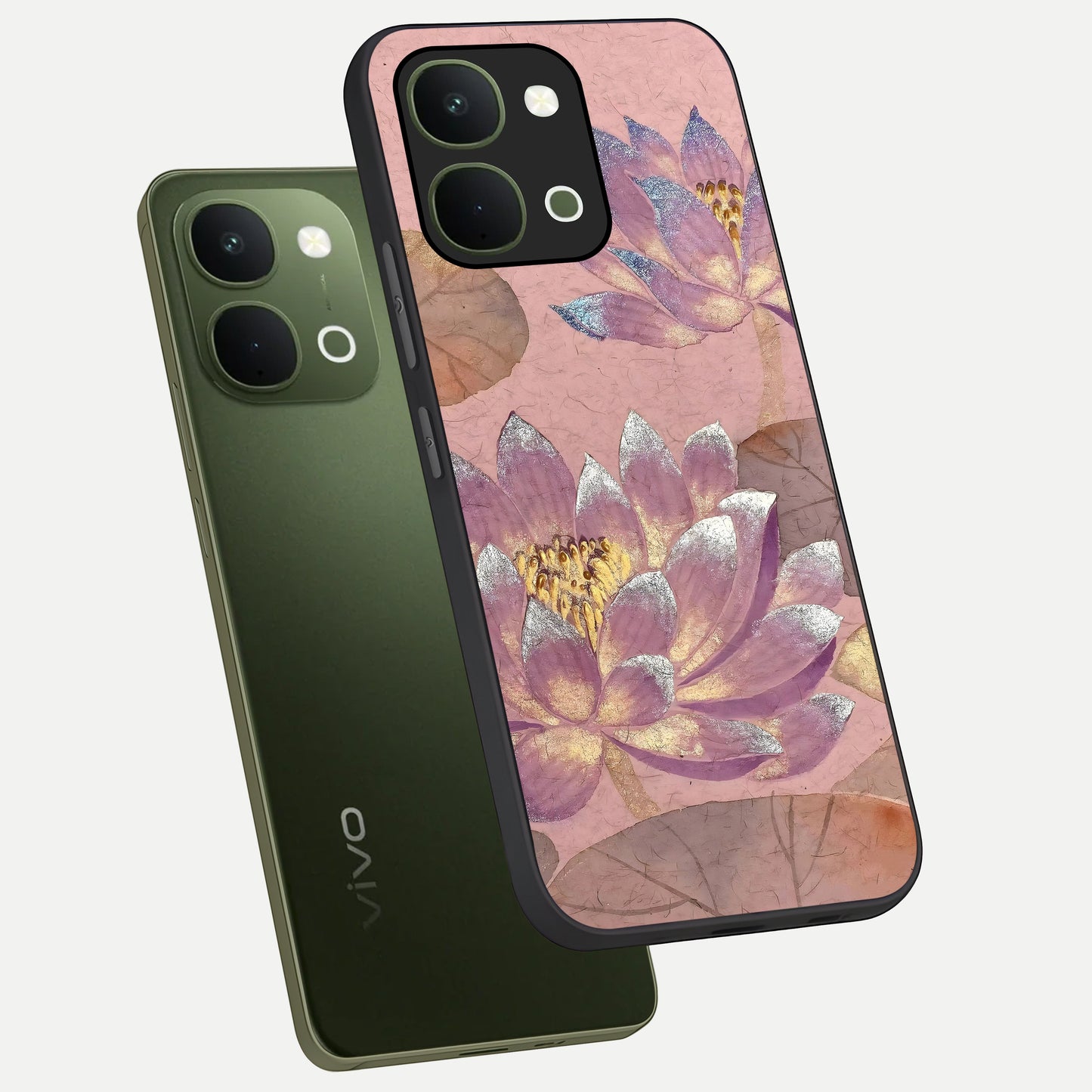 Blossom Mist Lotus Glass Case displayed in angled mockup highlighting delicate lotus illustration with calm aesthetic theme.
