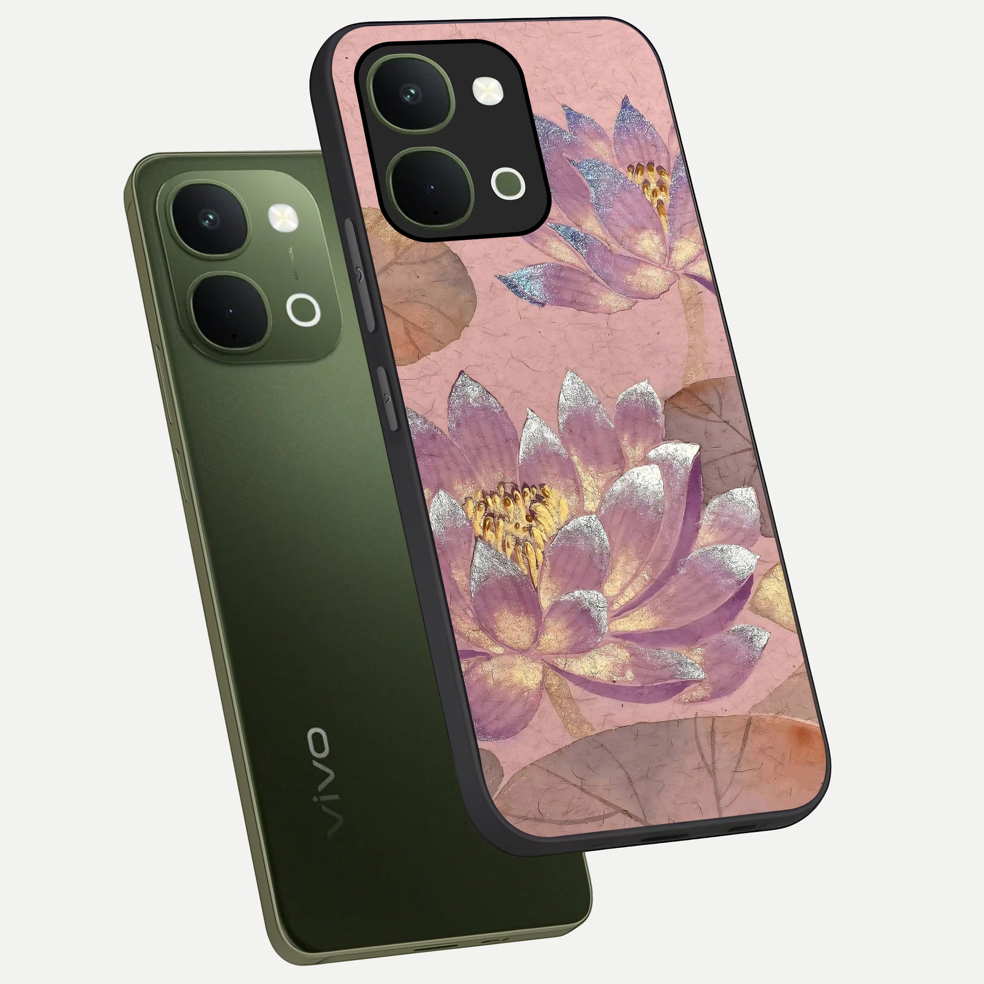 Blossom Mist Lotus Glass Case displayed in angled mockup highlighting delicate lotus illustration with calm aesthetic theme.