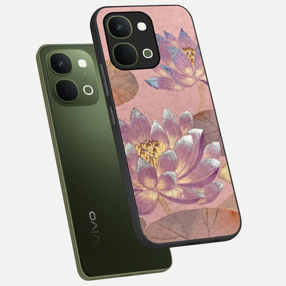 Blossom Mist Lotus Glass Case displayed in angled mockup highlighting delicate lotus illustration with calm aesthetic theme.