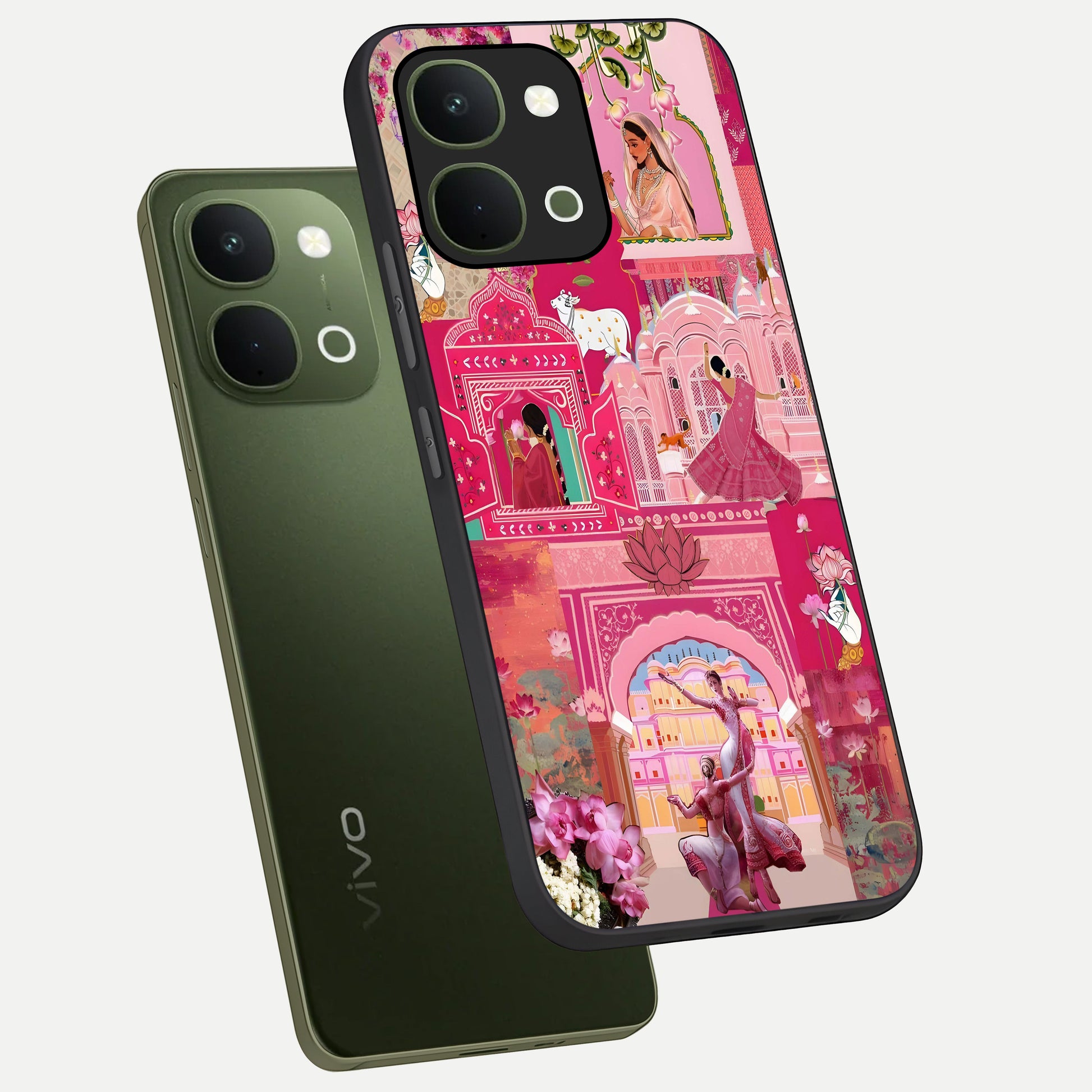 Blossoms of Rajasthan Glass Case displayed in angled mockup highlighting vibrant floral pattern with cultural aesthetic style.