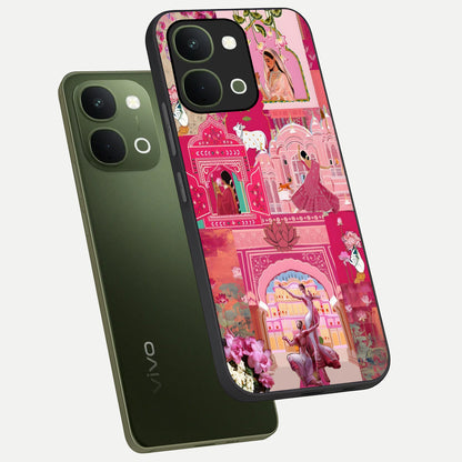 Blossoms of Rajasthan Glass Case displayed in angled mockup highlighting vibrant floral pattern with cultural aesthetic style.