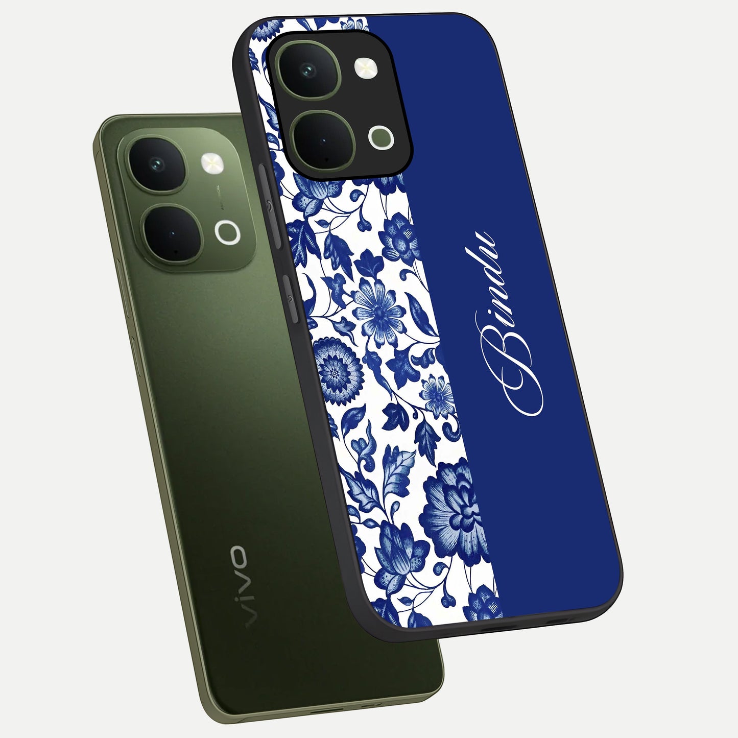 Blue Vintage Floral Pattern Glass Case displayed in angled mockup highlighting subtle bloom pattern with aesthetic pastel design.