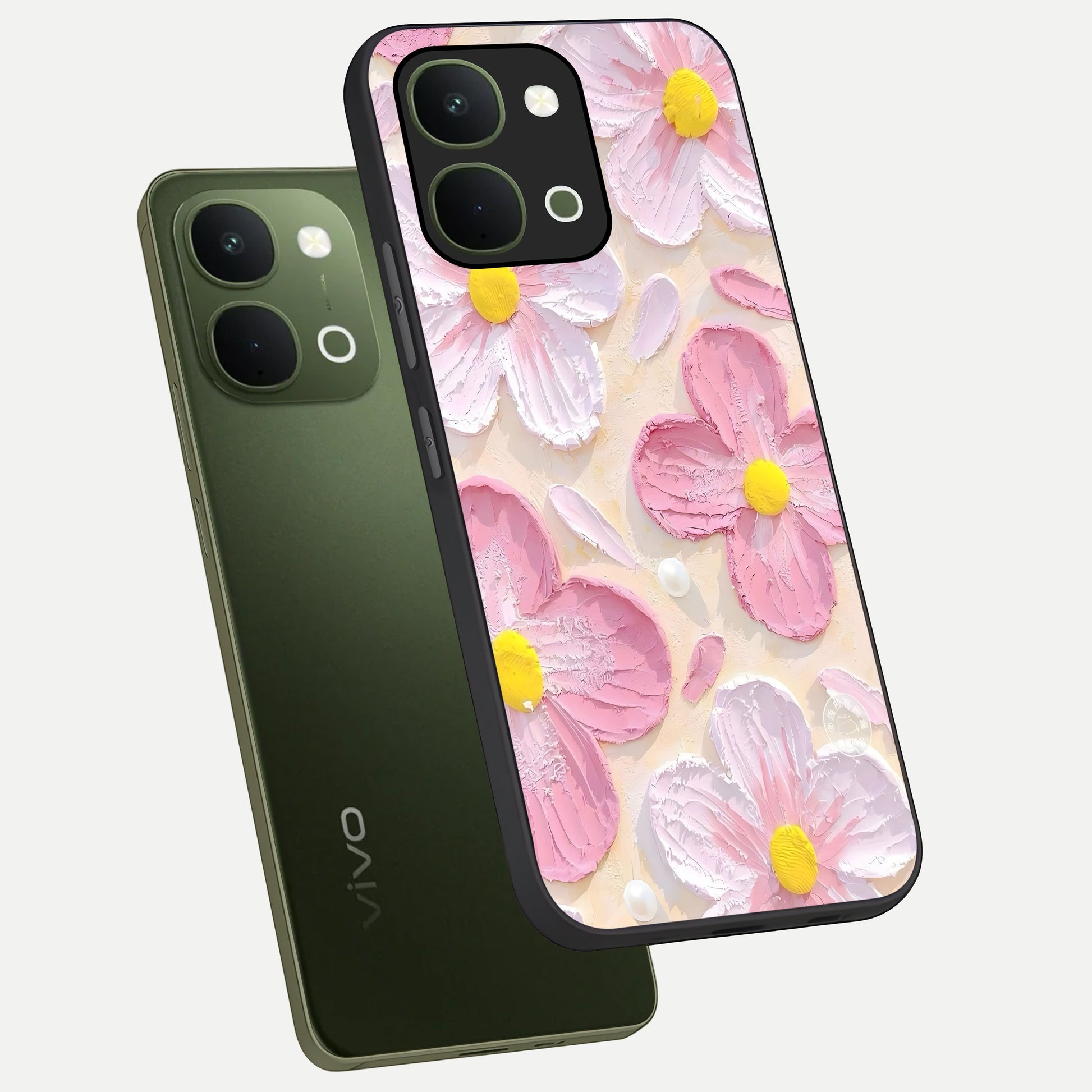 Blush Bloom Texture Glass Case displayed in angled mockup highlighting subtle bloom pattern with aesthetic pastel design.