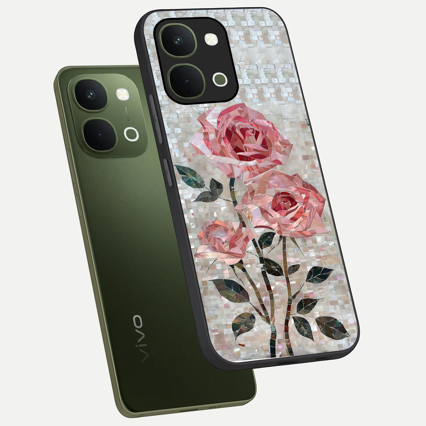 Blush Mosaic Bloom Glass Case displayed in angled mockup highlighting artistic mosaic flower pattern with aesthetic design.