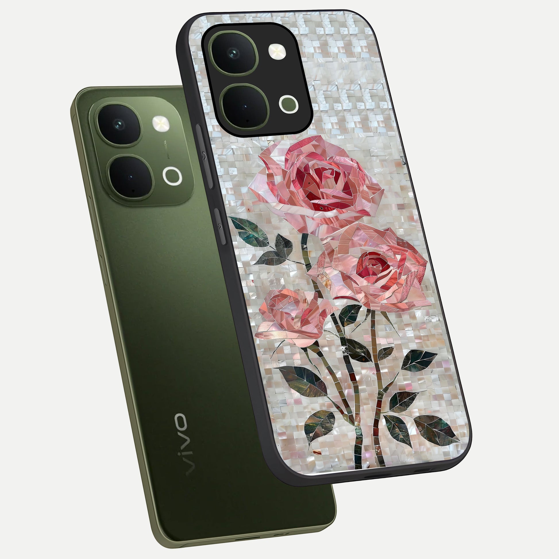 Blush Mosaic Bloom Glass Case displayed in angled mockup highlighting artistic mosaic flower pattern with aesthetic design.