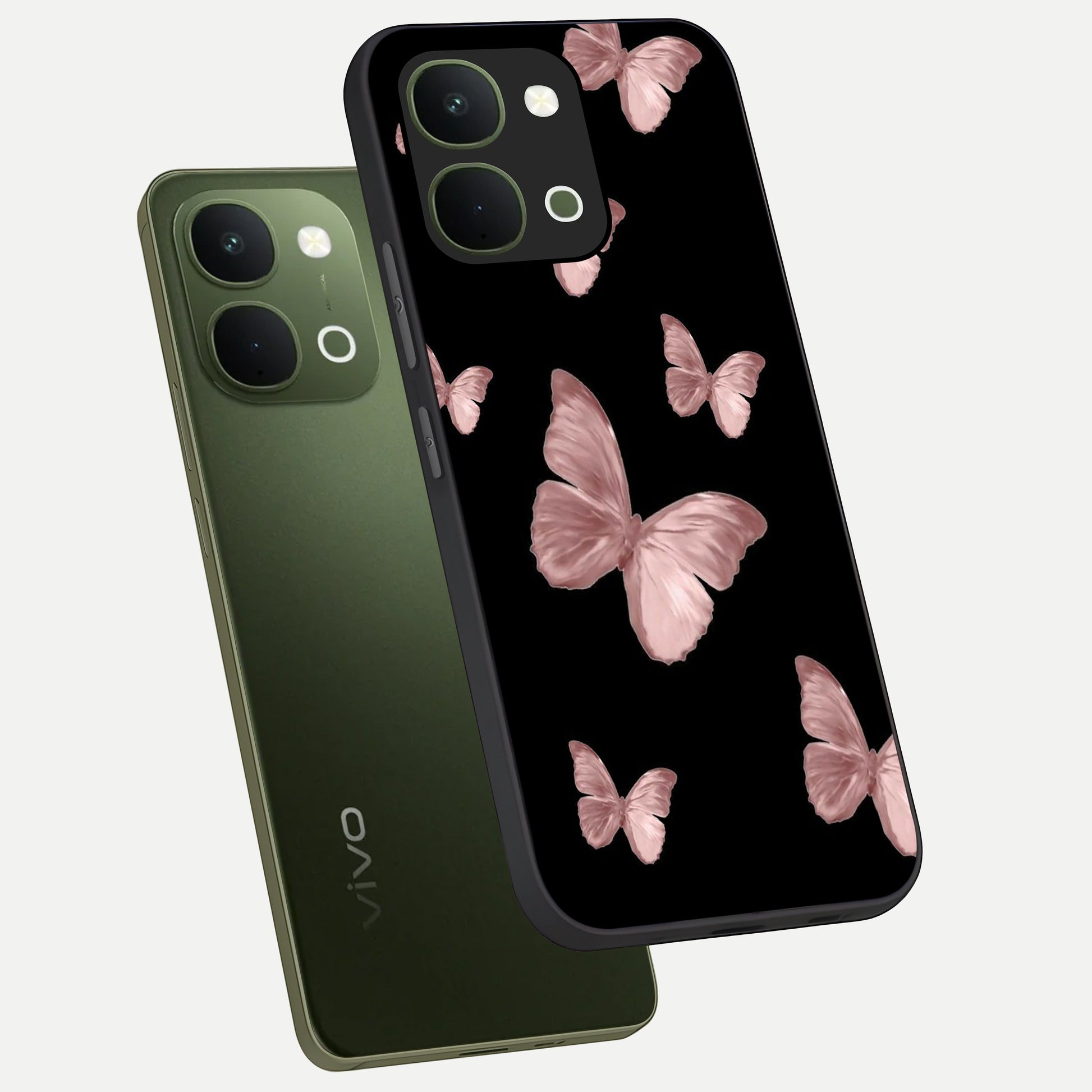 Butterfly Pattern Glass Case displayed in angled mockup highlighting delicate butterfly design and aesthetic pattern style.