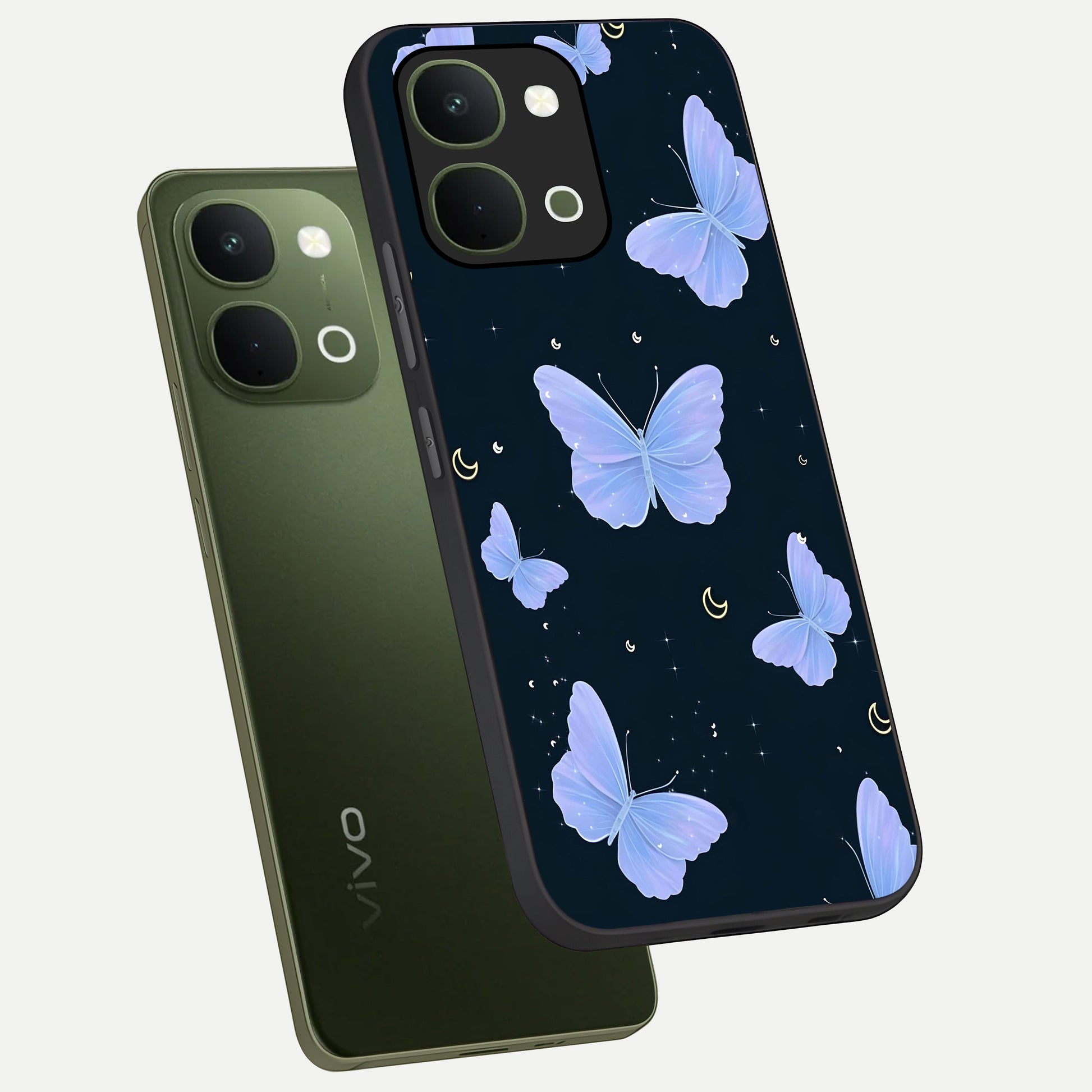 Butterfly With Stars Pattern Glass Case displayed in angled mockup highlighting dreamy butterfly and star design with aesthetic theme.
