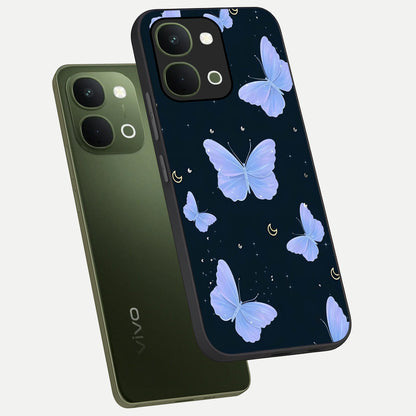 Butterfly With Stars Pattern Glass Case displayed in angled mockup highlighting dreamy butterfly and star design with aesthetic theme.