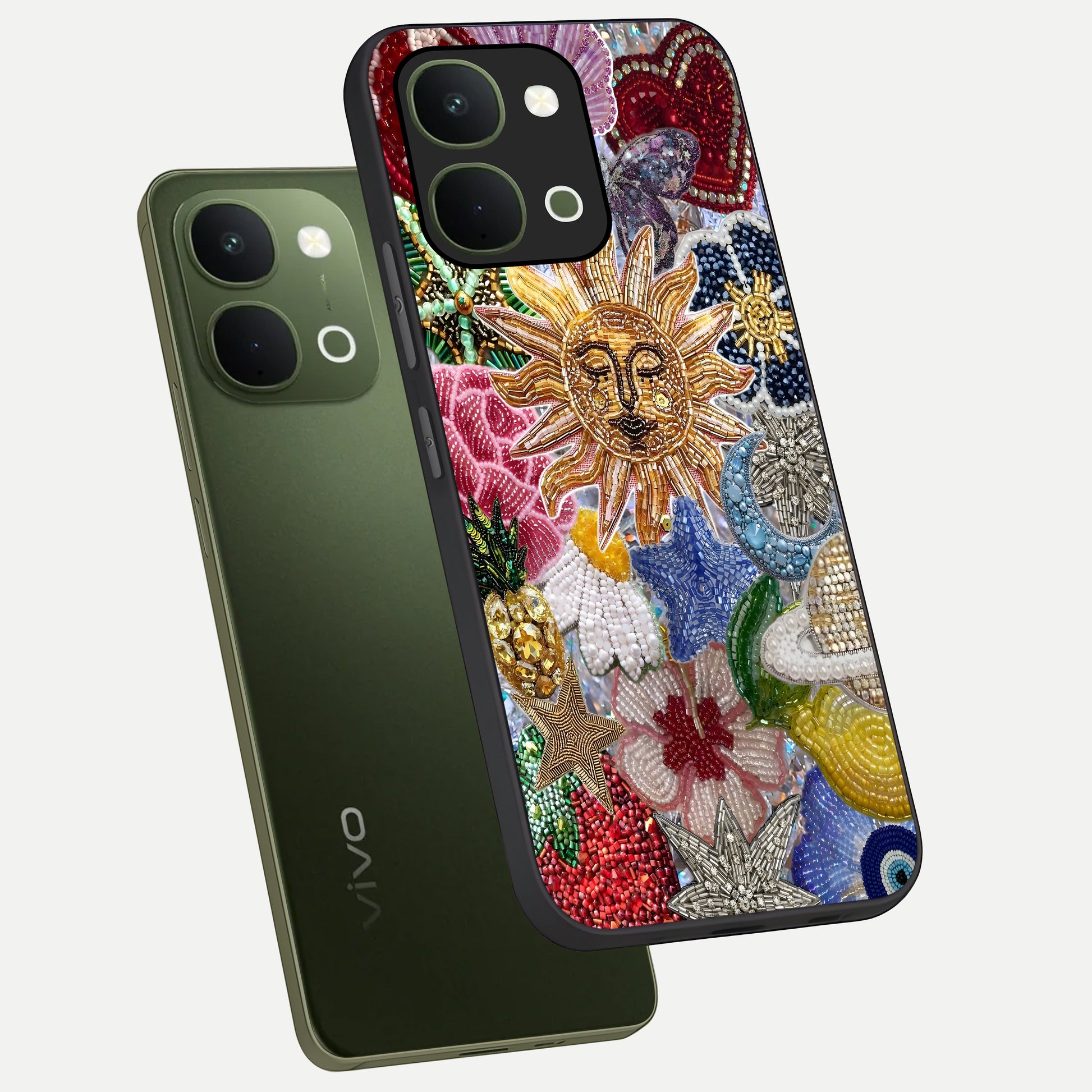 Celestial Floral and Playful Glass Case displayed in angled mockup highlighting playful floral design with dreamy celestial elements.