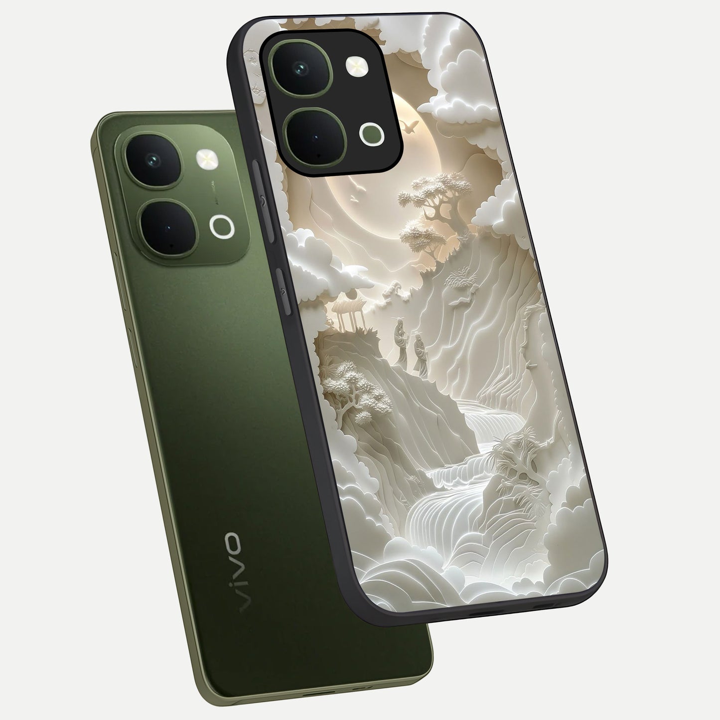 Celestial Origami Glass Case displayed in angled mockup highlighting geometric origami design with cosmic aesthetic theme.