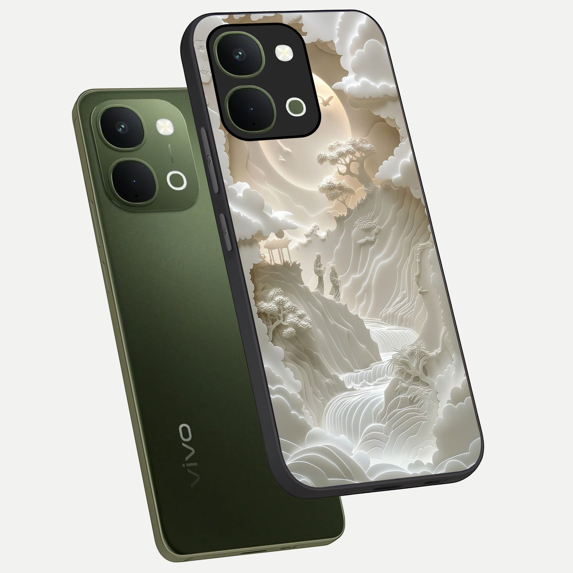 Celestial Origami Glass Case displayed in angled mockup highlighting geometric origami design with cosmic aesthetic theme.