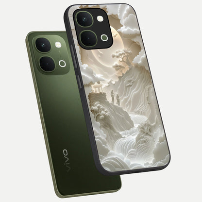 Celestial Origami Glass Case displayed in angled mockup highlighting geometric origami design with cosmic aesthetic theme.